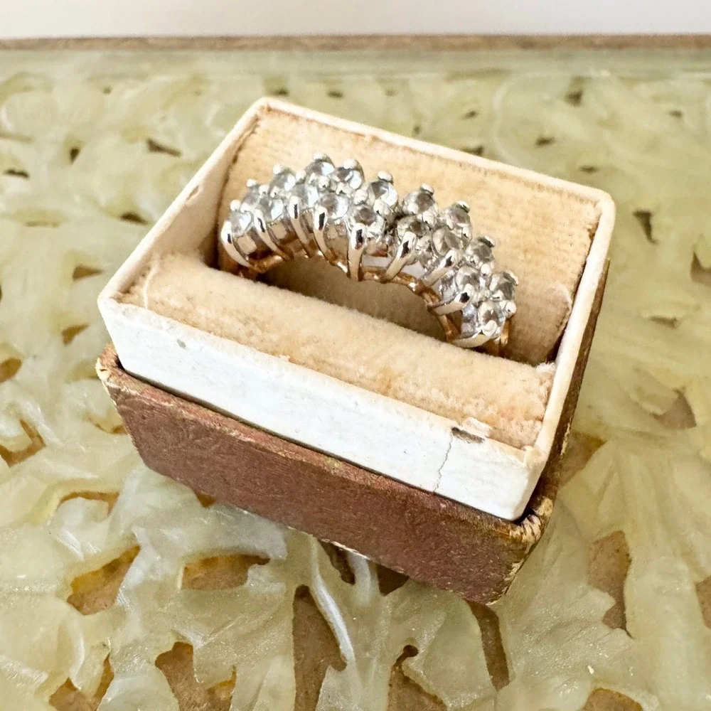 Vintage Gold Tone Multi Stone Cluster Cocktail Ring Size 8 Cubic Zirconia 1980s